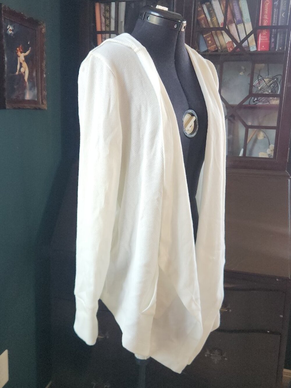 Rafaella Cream Waffle Knit Open Cardigan with Large Hood